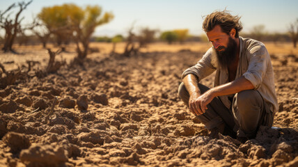 man who looks thirsty are sitting in despair because of the drought. a world without water.generative ai