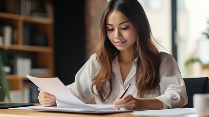 Cropped shot cute asian woman working with financial paper.generative ai