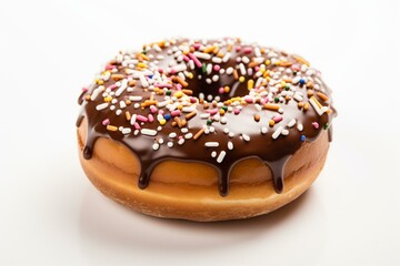 A milk-drenched donut with chocolate and sprinkles on a white background. Generative AI