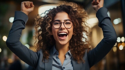 Excited cute business woman celebrating successful financial project results.generative ai - obrazy, fototapety, plakaty