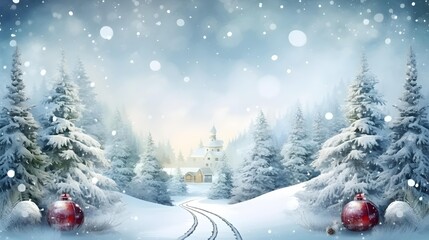Christmas tree background and copy space. Landscape with falling white snow. Generative AI.