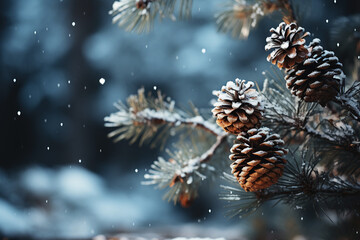fir branches and pine cones in snow on a blue background in winter for Christmas greeting card for...