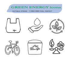 Green City Line Editable Icons set. Vector illustration in modern thin line style of eco related icons: CO2 neutral, zero waste, use bike, green energy, air and water quality. Isolated on white. 