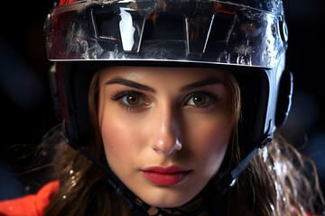 portrait of a white female hockey player in helmet at the stadium in winter