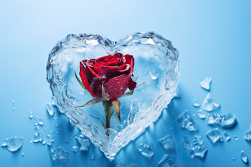 Red rose in ice cube on blue background. Valentines day concept.