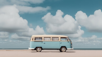 Vintage van on the beach with cloudy sky generative ai