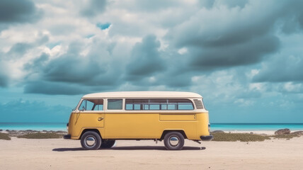 Vintage van on the beach with cloudy sky generative ai