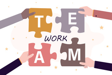 Four hands putting multicolor puzzle pieces. Hands of business people collecting jigsaw puzzles look for business problem solution together.