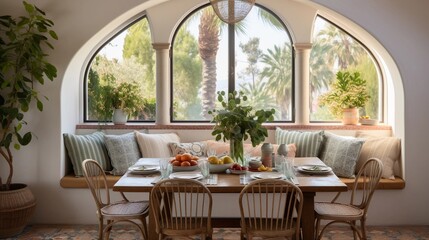 Obraz premium A cozy corner within a Mediterranean dining room, featuring a built-in alcove with cushioned seating, arched niches, and hand-painted tiles. AI generated