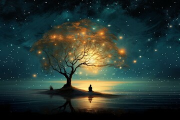 Serene tree with moon and person in meditation. Generative AI