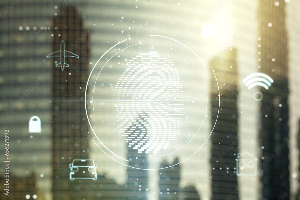 Poster multi exposure of virtual fingerprint scan interface on blurry cityscape background, digital access 