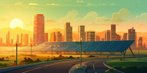 Poster Ecological energy renewable solar panel plant with urban landscape landmarks generative ai © LomaPari2021
