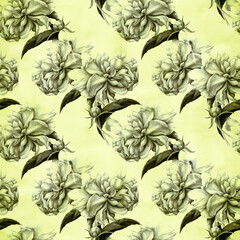 Flowers and buds of a pink peony. Collage of flowers, leaves and buds on a watercolor background. Decorative composition on a watercolor background. Seamless pattern.