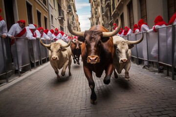Bulls are running in street during festival in Spain