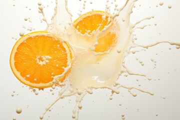 white surface with splattered orange juice. Generative AI