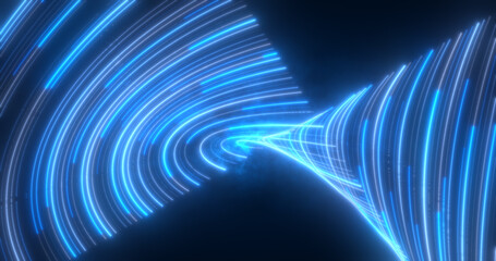 Abstract bright blue glowing flying waves from twisted lines energy magical background