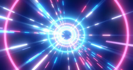 Abstract multi-colored energy futuristic hi-tech tunnel of flying circles and lines neon magic glowing background