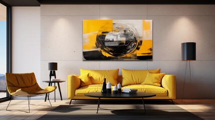 A visually striking composition showcasing a contemporary-style room with bold artwork, statement furniture pieces, and dramatic lighting. AI generated