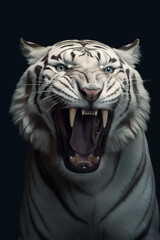 Portrait of a white saber-toothed tiger on dark background generative ai