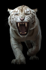 Obraz premium Portrait of a white saber-toothed tiger on dark background generative ai