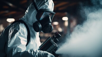 A guy from the pest control service in a mask and a white protective suit sprays poisonous gas. - obrazy, fototapety, plakaty