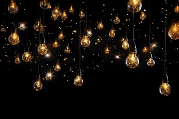 Foto auf Leinwand Gold Twinkle Christmas string lights on black background. Defocused Glowing light bulb garland. Generative AI © grape_vein