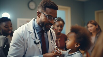 African male pediatrician holding a child's stethoscope examination. Child patient visiting the doctor. Black pediatrician