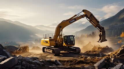 A large construction back hoe vehicle on a large rock pile with another construction vehicle working in the background. Sky is hazy to indicate dust and an active work site. - obrazy, fototapety, plakaty