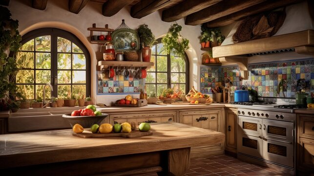 An artistic composition featuring a rustic Mediterranean kitchen, complete with a farmhouse sink, exposed wooden beams, and colorful mosaic tiles. AI generated