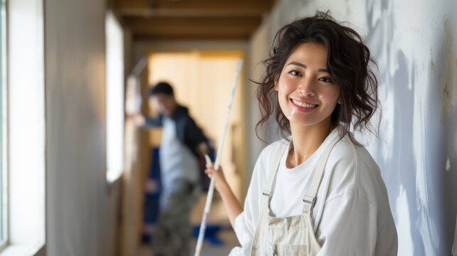 Asian woman stands and smiles confidently Paint the walls of the house with a roller brush.
