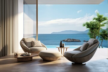 Comfortable lounge chair in a modern living room of a luxurious villa with a cozy interior design, offering a stunning sea view from the terrace. Generative AI