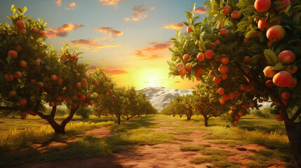 Sunrise over a Peach Orchard A Scenic View of Nature's Bounty - obrazy, fototapety, plakaty