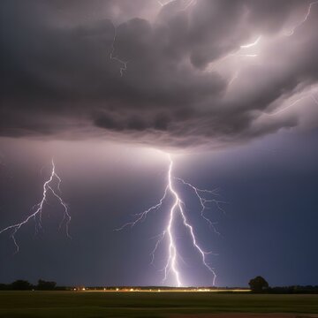 A high-speed photograph capturing a lightning bolt striking the ground during a thunderstorm1