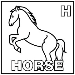 Coloring book for children. Alphabet h for horse. Vector illustration. Children coloring page with a picture of a horse for animal recognition and the letter h
