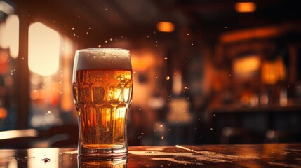 Cold beer pour in glass from crane in pub background - obrazy, fototapety, plakaty