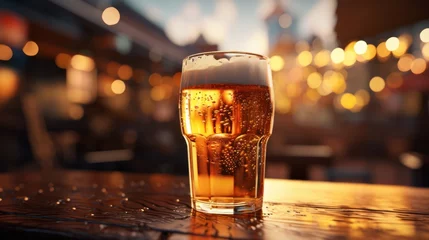 Tuinposter Cold beer pour in glass from crane in pub background © sirisakboakaew