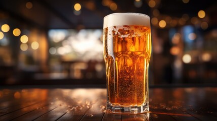 Cold beer pour in glass from crane in pub background - obrazy, fototapety, plakaty