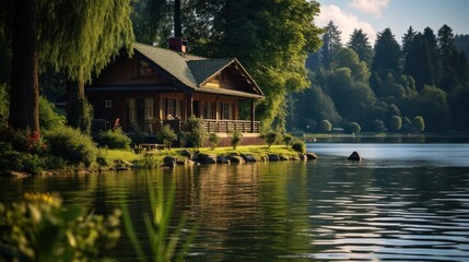 Obraz premium Cozy wooden log cabin on a river or lake with a beautiful and scenic view of nature
