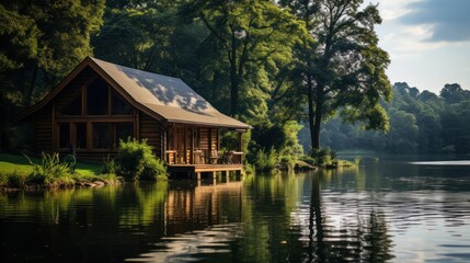 Fototapeta na wymiar Cozy wooden log cabin on a river or lake with a beautiful and scenic view of nature