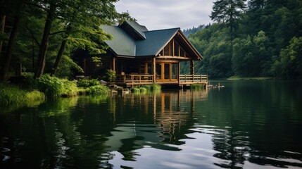 Obraz premium Cozy wooden log cabin on a river or lake with a beautiful and scenic view of nature