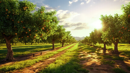 Orange Orchard at Dawn A Farm Landscape with Ripe Oranges and Mountain Views - obrazy, fototapety, plakaty
