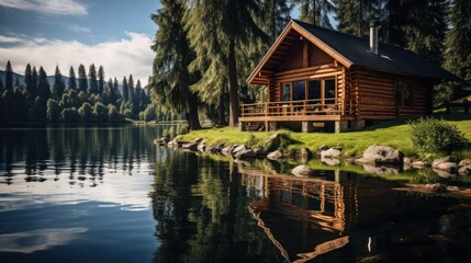 Obraz premium Cozy wooden log cabin on a river or lake with a beautiful and scenic view of nature