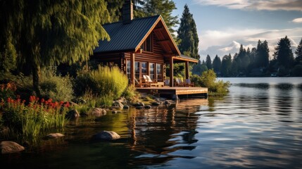 Cozy wooden log cabin on a river or lake with a beautiful and scenic view of nature