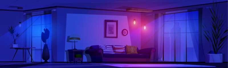 Dark night living room interior in house vector. City home livingroom illustration with window, couch, coffee table and carpet. Pink glow from bulb and moonlight inside modern lounge hotel apartment