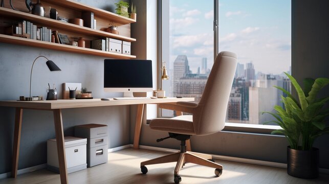 An image highlighting the simplicity and functionality of a contemporary home office with a clutter-free desk, ergonomic chair, and ample natural light, with designated areas for text. AI generated