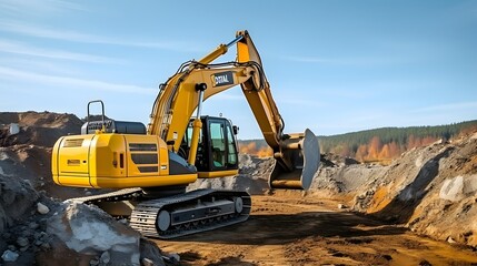 A large construction back hoe vehicle on a large rock pile with another construction vehicle working in the background. Sky is hazy to indicate dust and an active work site.