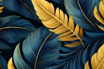 Abstract blue background with golden tropical leaves. Seamless repeat pattern for wallpaper, fabric, and packaging. Generative AI
