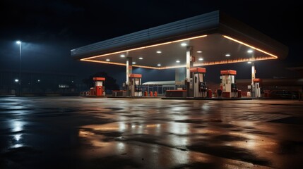 Gas station exterior night lights. - obrazy, fototapety, plakaty