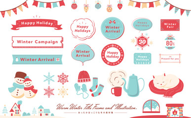 Fototapeta premium シンプルでおしゃれな暖かい冬支度イメージのベクターイラストとフレーム素材セット