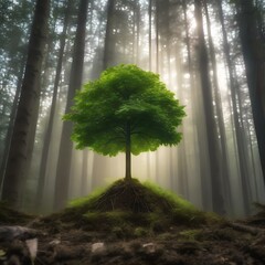 A time-lapse photograph of a seedling growing into a tall, mature tree in a forest1